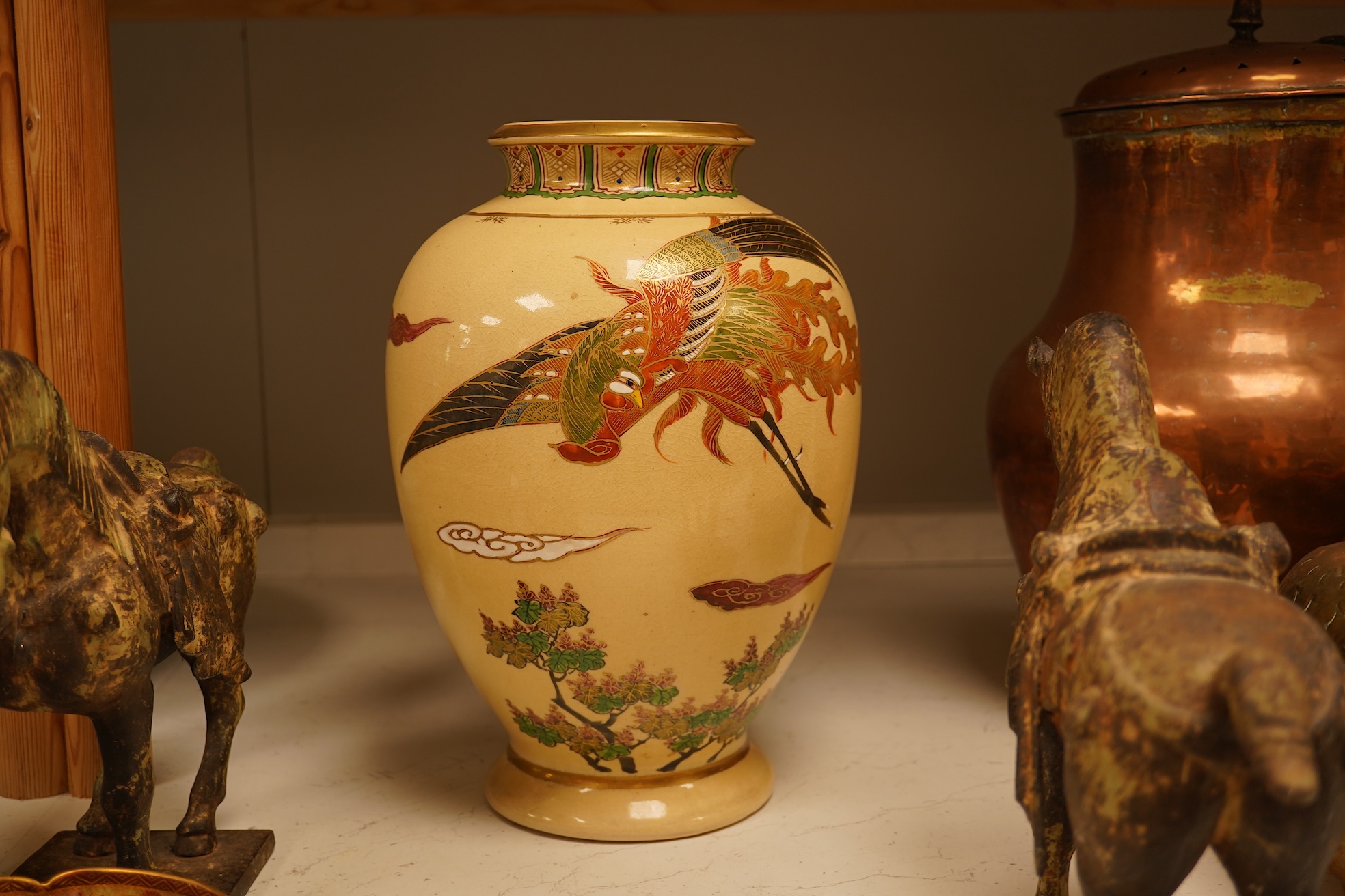 A pair of Chinese bronze horses, a Japanese Satsuma bowl and similar vase, vase 33cm high.